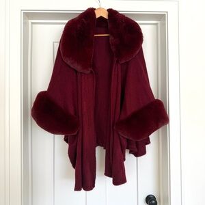 Luxury Faux Fur Trim Wrap Cape | Burgundy | Elegant & Cozy